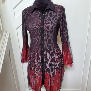 Leopard Print Sheer Mesh Overlay Front Button Dress Firey Red Tipped Sleeves